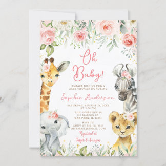 Rosa Blommigt Jungle Safari Animals Girl Baby Show Inbjudningar