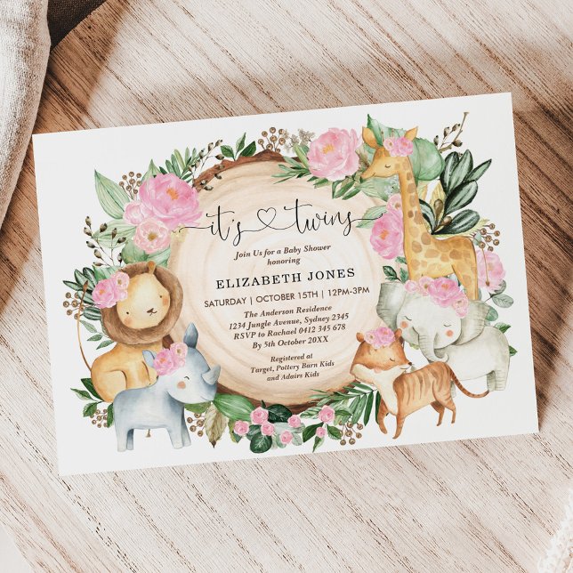 Rosa Blommigt Jungle Safari Twin Girl Baby Shower Inbjudningar (Skapare uppladdad)