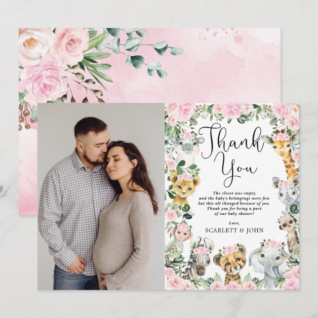 Rosa Blommigt Jungle Vilda djur Baby Shower Photo Tack Kort (Fram/baksida)