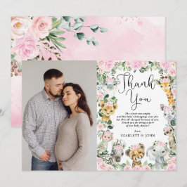 Rosa Blommigt Jungle Vilda djur Baby Shower Photo Tack Kort