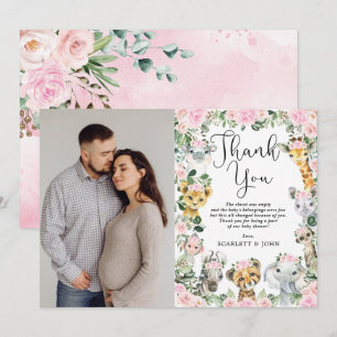 Rosa Blommigt Jungle Vilda djur Baby Shower Photo Tack Kort