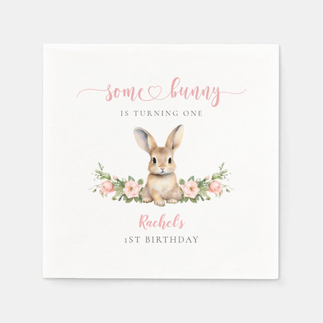 Rosa Blommigt Kanin... 1:a födelsedag Pappersservett (Framsidan)