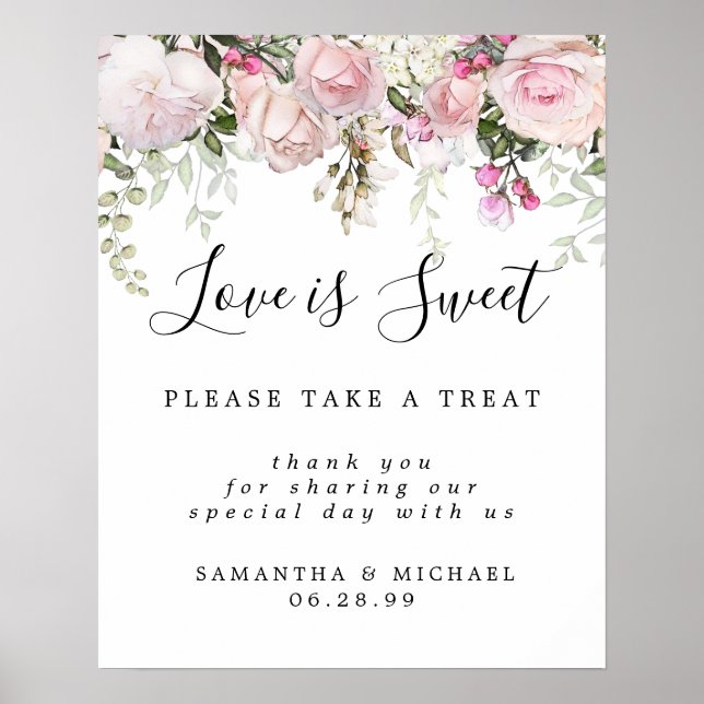 Rosa Blommigt Kärlek är Sweet Bröllop Dessert Pub Poster (Framsidan)