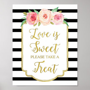 Rosa Blommigt Kärlek är Sweet Sign Guld Black Rand Poster