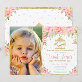 Rosa Blommigt Karousel 1st Birthday Girl with Phot Inbjudningar