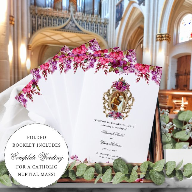 Rosa Blommigt Katolska Bröllop Mass Ceremony-progr (Magenta pink, folded Catholic wedding program with marriage of the Virgin Mary and St. Joseph.)