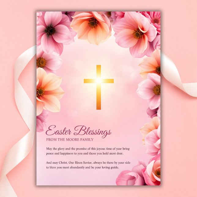 Rosa Blommigt Katolska Kor Påsk Blessings Julkort (Pink Floral Catholic Cross Easter Blessings Holiday Card)