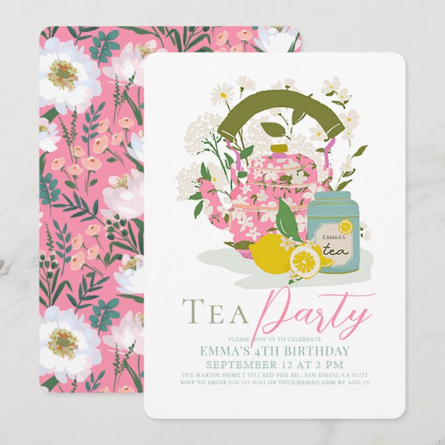 Rosa Blommigt Kettle Lemon Tea Party Girl Birthday Inbjudningar (Fram/baksida)