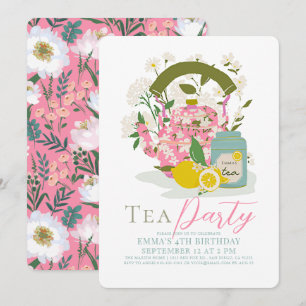 Rosa Blommigt Kettle Lemon Tea Party Girl Birthday Inbjudningar