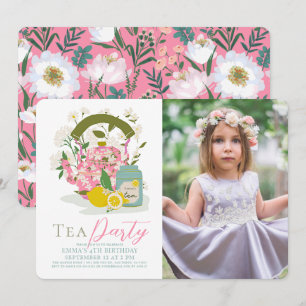 Rosa Blommigt Kettle Lemon Tea Party Girl Birthday Inbjudningar
