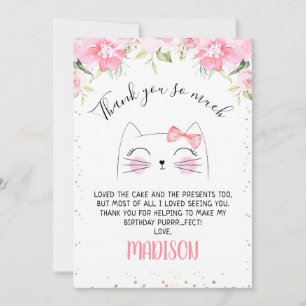 Rosa Blommigt Kitten Ansikte Birthday Tack du Card Inbjudningar