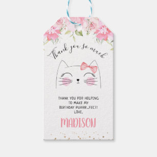 Rosa Blommigt Kitten Ansikte Birthday Tack Presentetikett