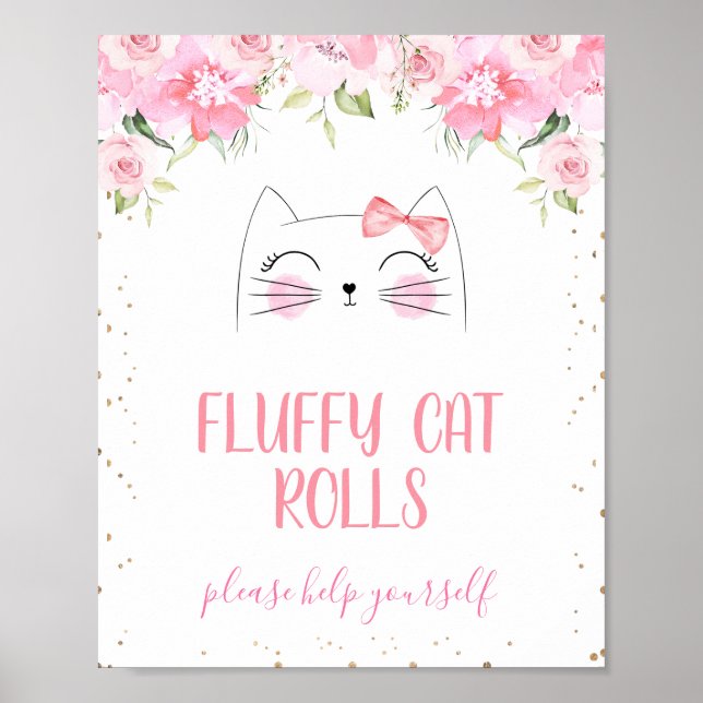 Rosa Blommigt Kitten Ansikte och Bow Birthday Sign Poster (Framsidan)
