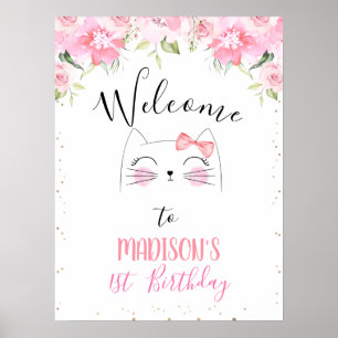 Rosa Blommigt Kitten Ansikte och Bow Birthday Välk Poster