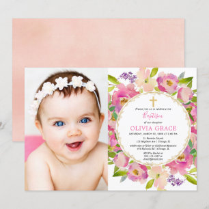 rosa blommigt klistrar in foto från Baptismflicka Inbjudningar