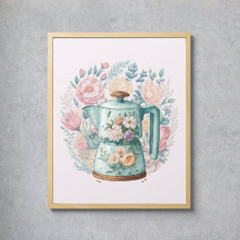Rosa Blommigt Koffee Kettle Watercolor Kitchen Poster