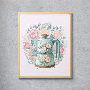 Rosa Blommigt Koffee Kettle Watercolor Kitchen Poster