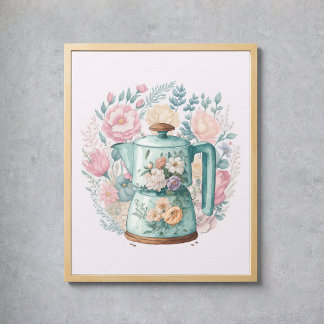 Rosa Blommigt Koffee Kettle Watercolor Kitchen Poster
