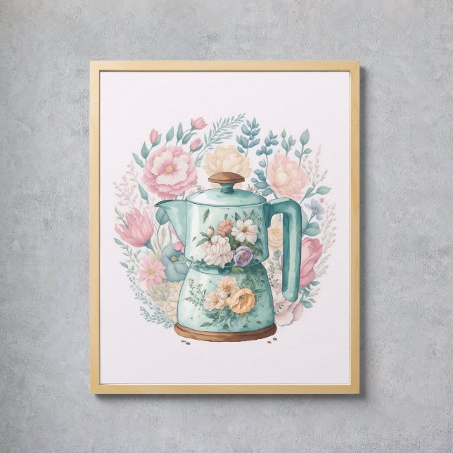 Rosa Blommigt Koffee Kettle Watercolor Kitchen Poster (Pink Floral Coffee Kettle Watercolor Kitchen Poster
)