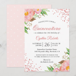  Rosa Blommigt Konfetti Quinceañera Birthday Inbjudningar