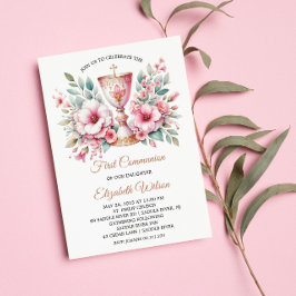 Rosa Blommigt Kopp First Heliga Communion Girl Inbjudningar