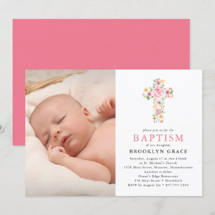 Rosa Blommigt Kor Baptism - fotoinbjudan Inbjudningar