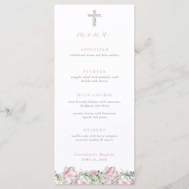 Rosa Blommigt Kor Baptism Menu Girl Christening Meny (Framsida)