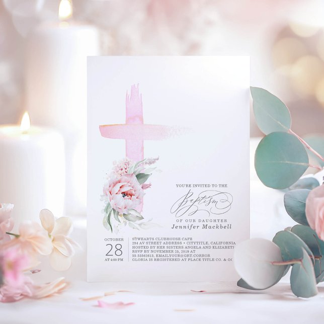 Rosa Blommigt Kor Elegant  Modern Girl Baptism Inbjudningar (Soft Pink Floral Baptism Invitations For Girl's - Daughter's Baptism)