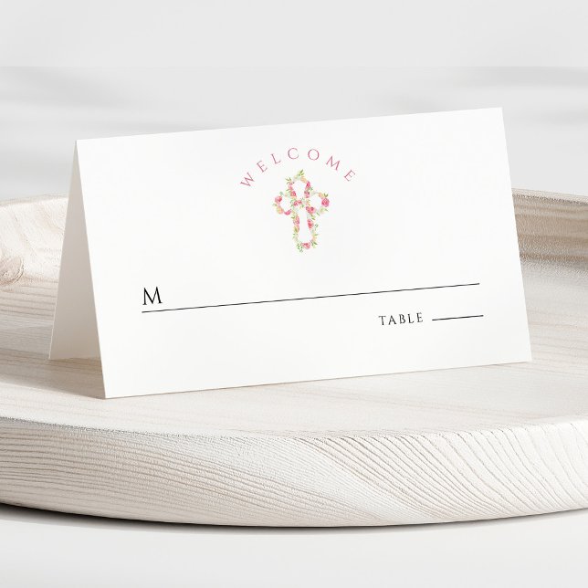 Rosa Blommigt Kor Första kommissionen Placeringskort (Front - Pink Floral Cross First Communion Place Card)