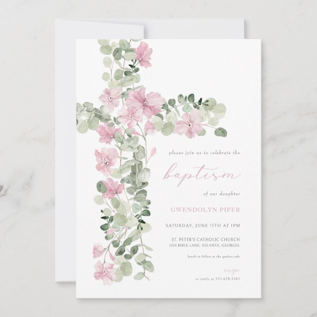 Rosa Blommigt Kor Girl Baptism-inbjudan Inbjudningar (Framsida)