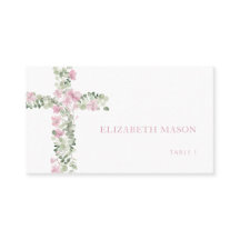 Rosa Blommigt Kor Girl Baptism Place Card