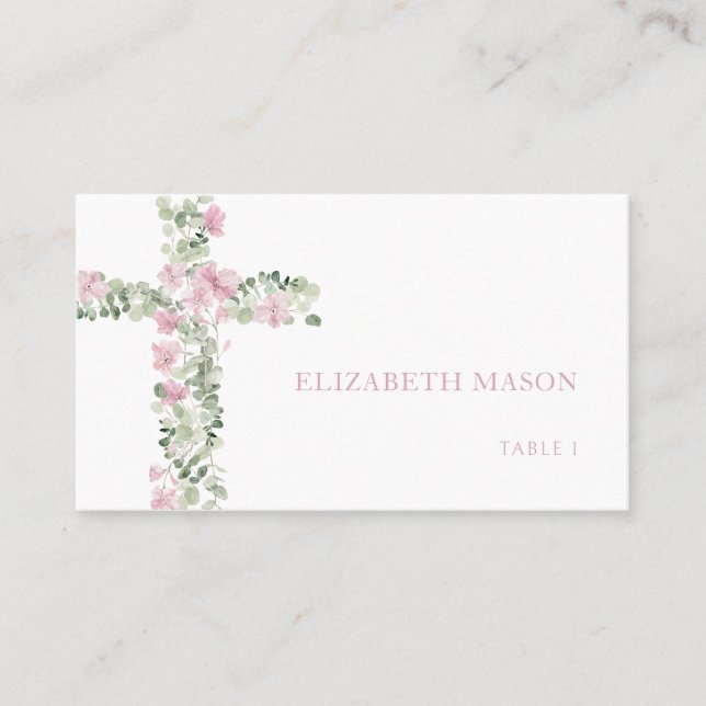 Rosa Blommigt Kor Girl Baptism Place Card Placeringskort (Framsida)
