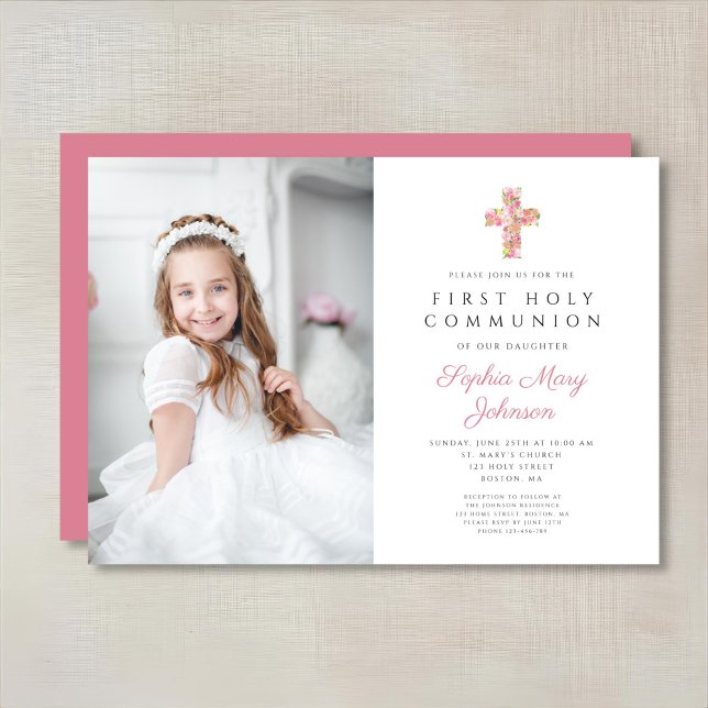 Rosa Blommigt Kor Girl First Communion Photo Inbjudningar (Pink Floral Cross Girl First Communion Photo Invitation)