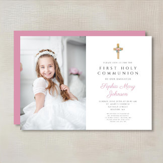 Rosa Blommigt Kor Girl First Communion Photo Inbjudningar