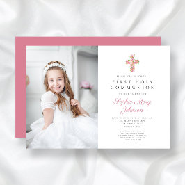 Rosa Blommigt Kor Girl First Communion Photo Inbjudningar