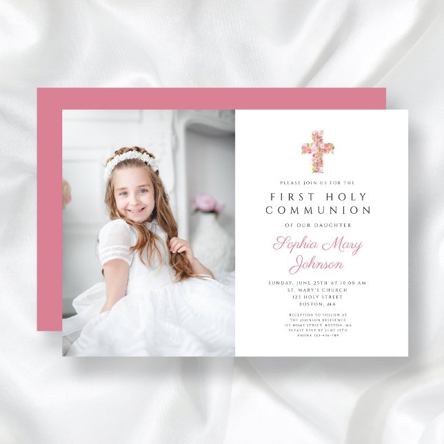 Rosa Blommigt Kor Girl First Communion Photo Inbjudningar (Pink Floral Cross Girl First Communion Photo Invitation)