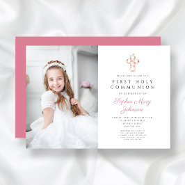 Rosa Blommigt Kor Girl First Communion Photo Inbjudningar