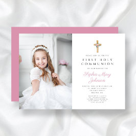 Rosa Blommigt Kor Girl First Communion Photo Inbjudningar