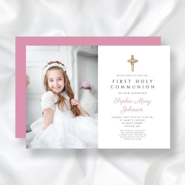 Rosa Blommigt Kor Girl First Communion Photo Inbjudningar (Pink Floral Cross Girl First Communion Photo Invitation)
