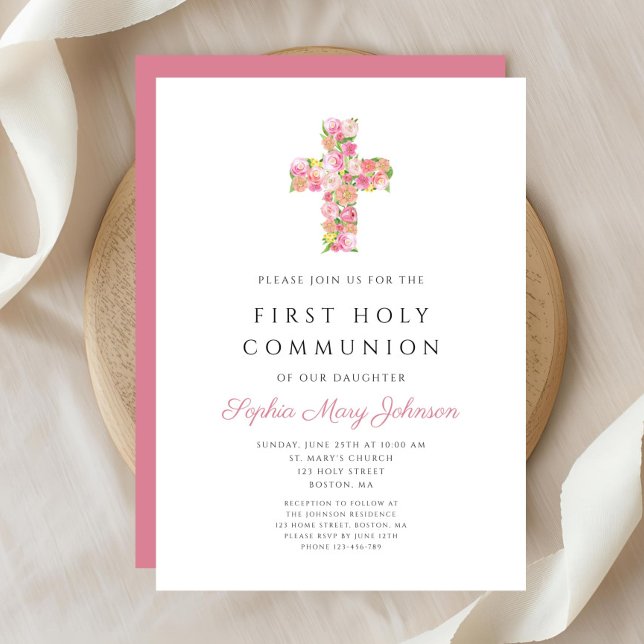 Rosa Blommigt Kor Religiösa Girl First Communion Inbjudningar (Pink Floral Cross Religious Girl First Communion Invitation)