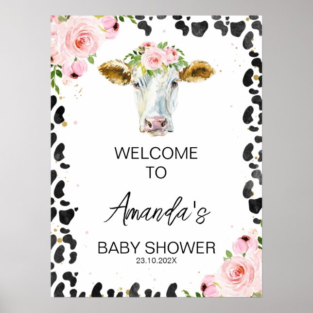 Rosa Blommigt Kow Skriv ut Heliga Kow Baby Shower  Poster (Framsidan)