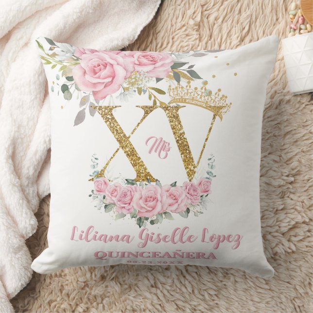 Rosa Blommigt Krona XV QUINCEAÑERA Quince Keepsaké Kudde (Filt)