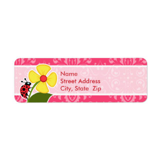 Rosa Blommigt; Ladybug Returadress Etikett