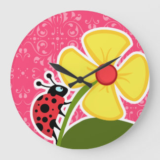 Rosa Blommigt; Ladybug Stor Klocka