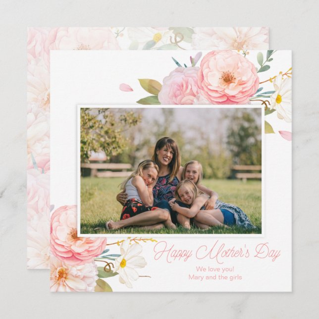 Rosa Blommigt Lägg till bild Mors dag Kort (Fram/baksida)