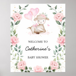 Rosa Blommigt Lamb Påsk Girl Baby Shower Välkommen Poster