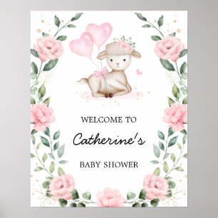 Rosa Blommigt Lamb Påsk Girl Baby Shower Välkommen Poster