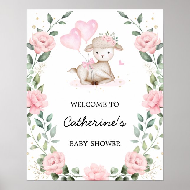 Rosa Blommigt Lamb Påsk Girl Baby Shower Välkommen Poster (Framsidan)