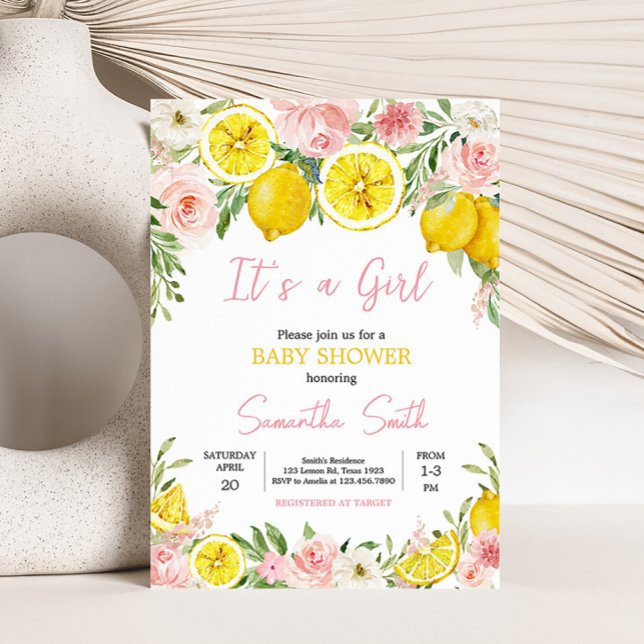 Rosa Blommigt Lemon Baby Shower Inbjudningar (Summer Lemon Citrus Baby Shower Invitation)