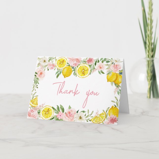 Rosa Blommigt Lemon Baby Shower Tack Kort (Framsida)